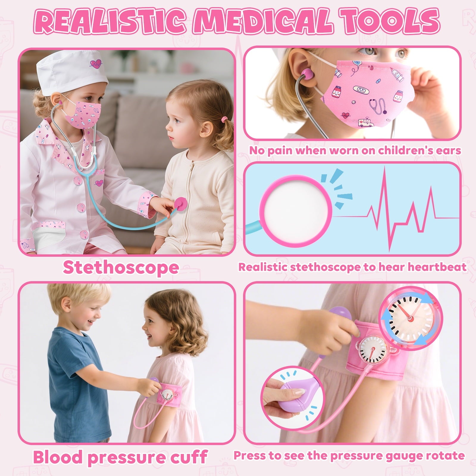 Doctor Costume Set for Kids, Pretend Play Doctor Dress up Clothes with Medical Accessories, Kids Doctor Costume Set Toy for Age 3 4 5 6 Boys Girls - Pink(110cm*3.6in)