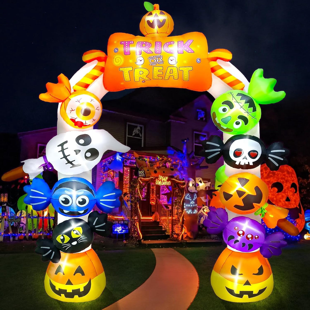 Kalolary 10FT Inflatable Candy Ghost Pumpkin Archway with Built-in Lights – Giant Outdoor Yard & Garden Decoration for Halloween, Indoor/Outdoor Use