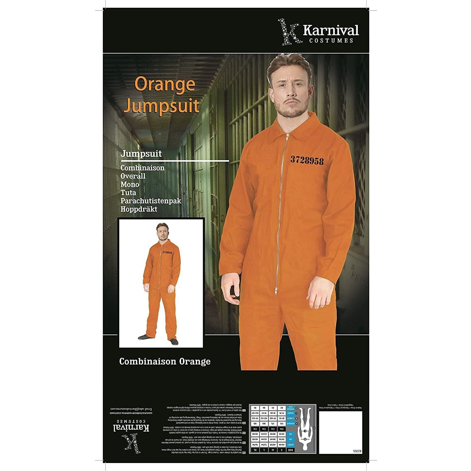 Orange Prisoner Jumpsuit for Adult Men Halloween Party Costume, Jail Inmate Convict Cosplay, Size L Large