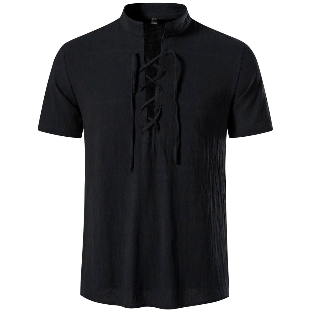 HAOMEILI Men's Short Sleeve Shirts Retro Style Lace up for Medieval,Viking,Hippie Halloween Cosplay Pirate Renaissance Costume