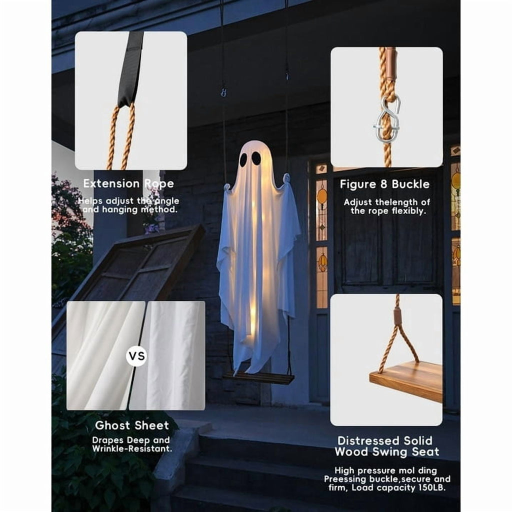 Clearance 5 FT Hanging Ghost Decor,Early Halloween Decorations Light-Up Flying Ghost on Broomstick with Witch Hat, Witch Broom, Spooky Cute Outdoor Halloween Decorations for Front Porch Yard Tree