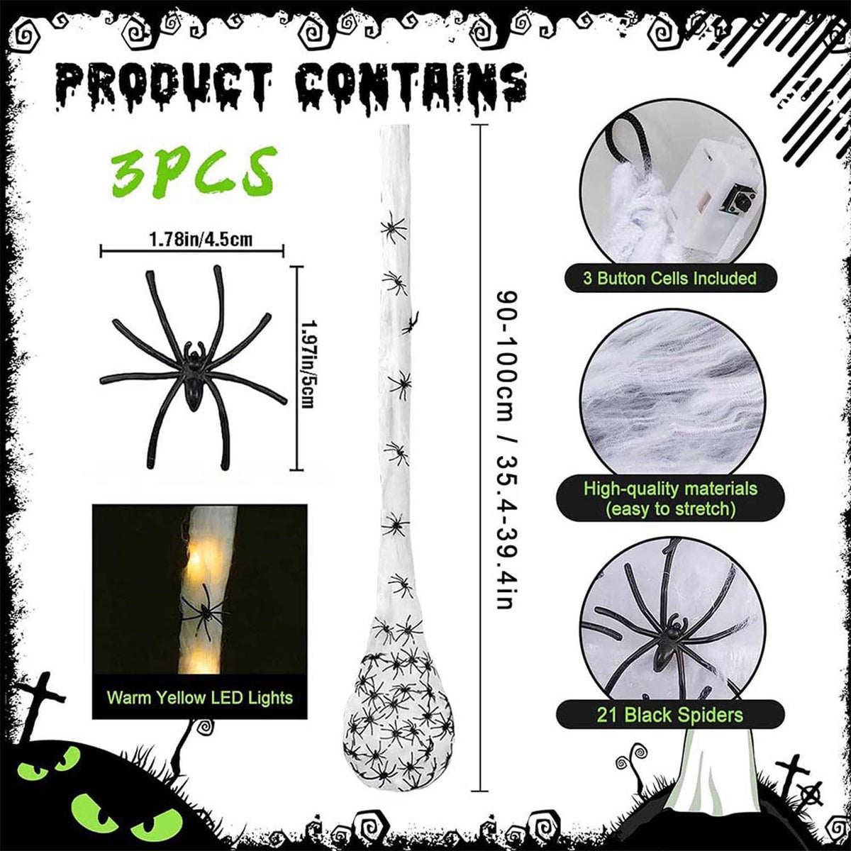Holloyiver 3PCS Giant Spider Halloween Decorations Outdoor, 40" Big Colorful LED Light Up Spider Egg Sack with Spider Web Hanging Ornament for Halloween Party Garden Yard Tree Decoration