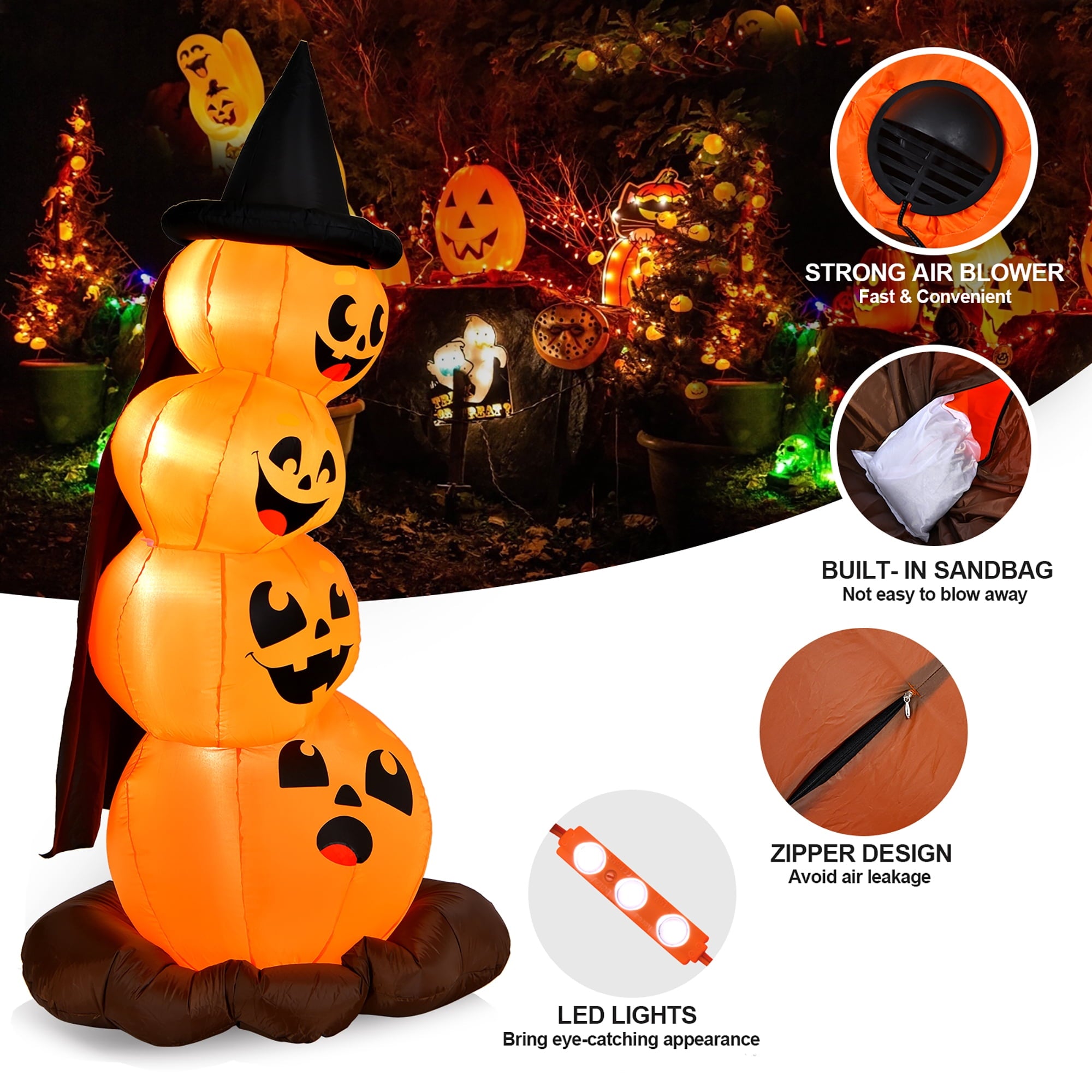 Costway 6.8FT Halloween Inflatable Pumpkin Combo Blow up Pumpkins w/ Witch’s Hat
