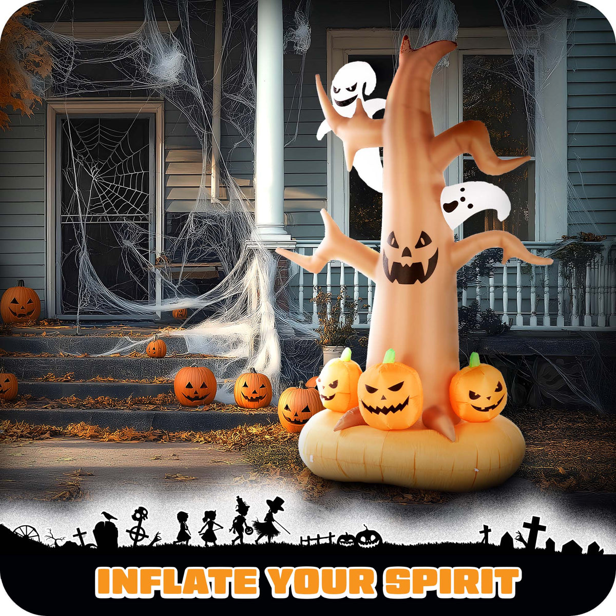 G128 8ft Halloween Haunted Tree Inflatable with Ghosts Pumpkins LED Lights Outdoor Yard Decor