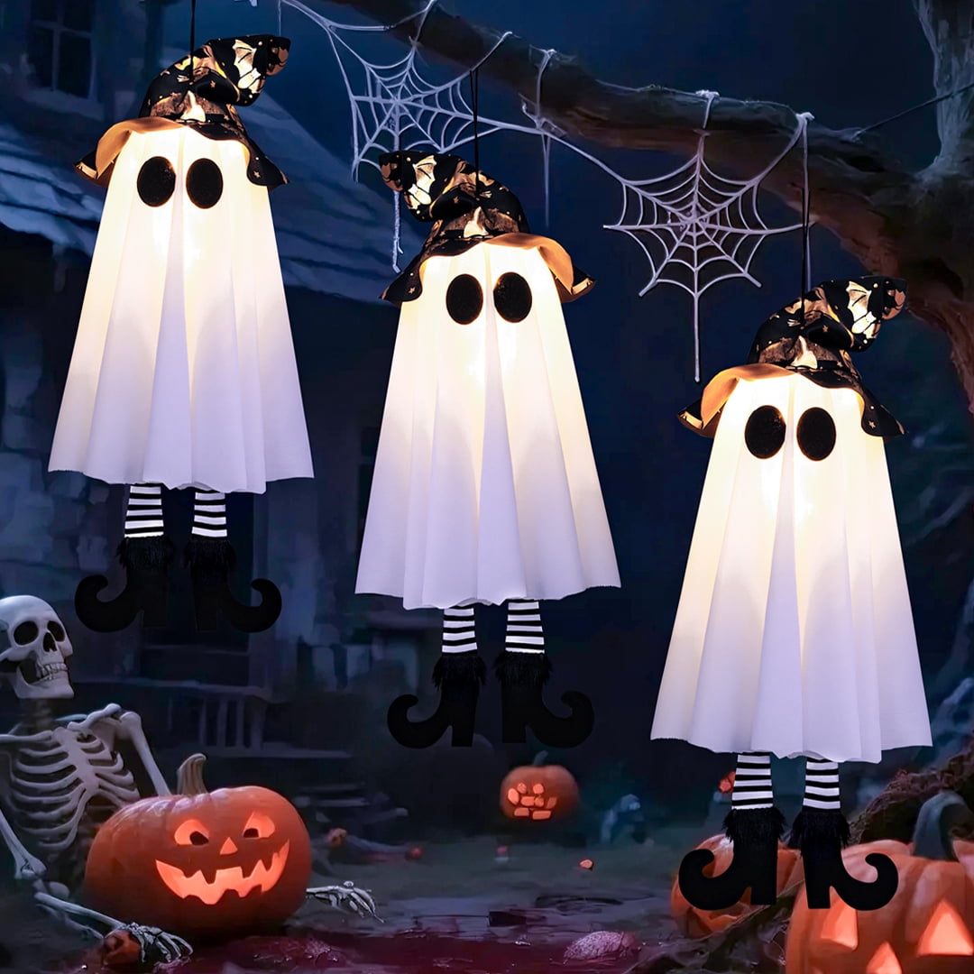 TETOU 18In Set of 3 Halloween Hanging Ghosts,Halloween Decorations Outdoor Hanging Ghosts with Witch Hat,Glowing Ghost Witch Hat Lights Halloween Ghost Decor for Yard Patio Garden Tree Outside