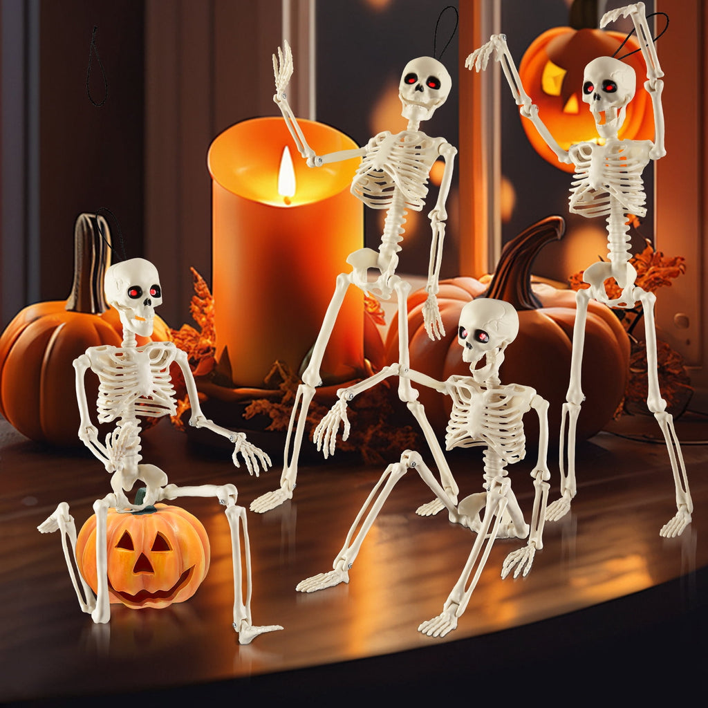 Yalumo Skeleton Halloween Decorations, 4 Pack 16” Full Body Posable Skeleton with Movable Joints, Small Plastic Skeleton Props for Haunted Houses, Graveyards, Yards, Spooky Party Indoor Outdoor Decor