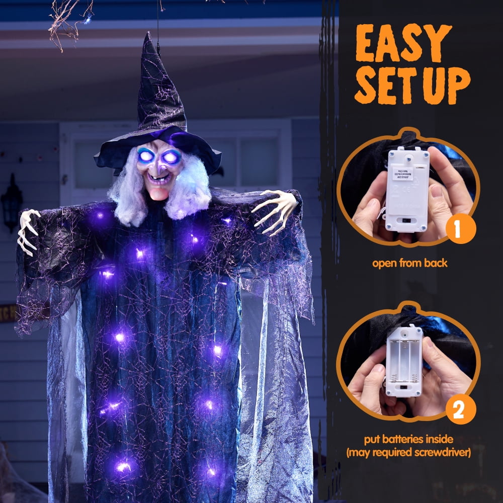 Joyfy 6ft Halloween Witch Decoration,Outdoor Scary Halloween Animatronic Hanging Witch with Light Up Eyes and Sound Decoration for Halloween Outdoor