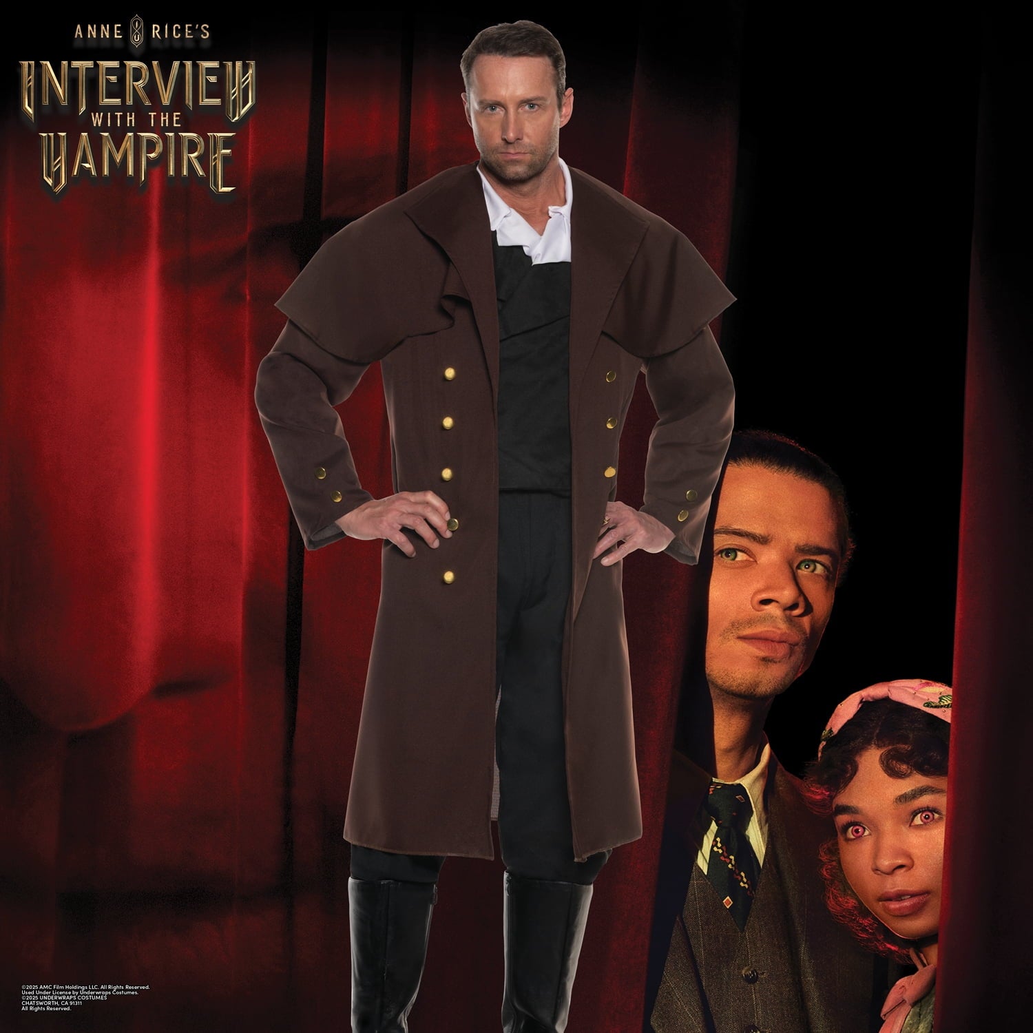 UNDERWRAPS Mens Victorian Travel Coat - Men's Renaissance Costume, Mid Length Coat With Attached Capelet, Steampunk Cosplay, Vampire Costume