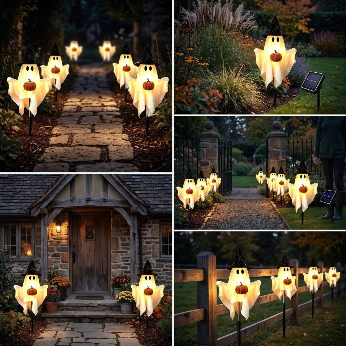 1-Pack Halloween Solar Lights with 8 Lighting Modes - Light Up Ghost Decorations for Outdoor, Witch Hat With Dimensional Pumpkin Halloween Ghost Path Lights