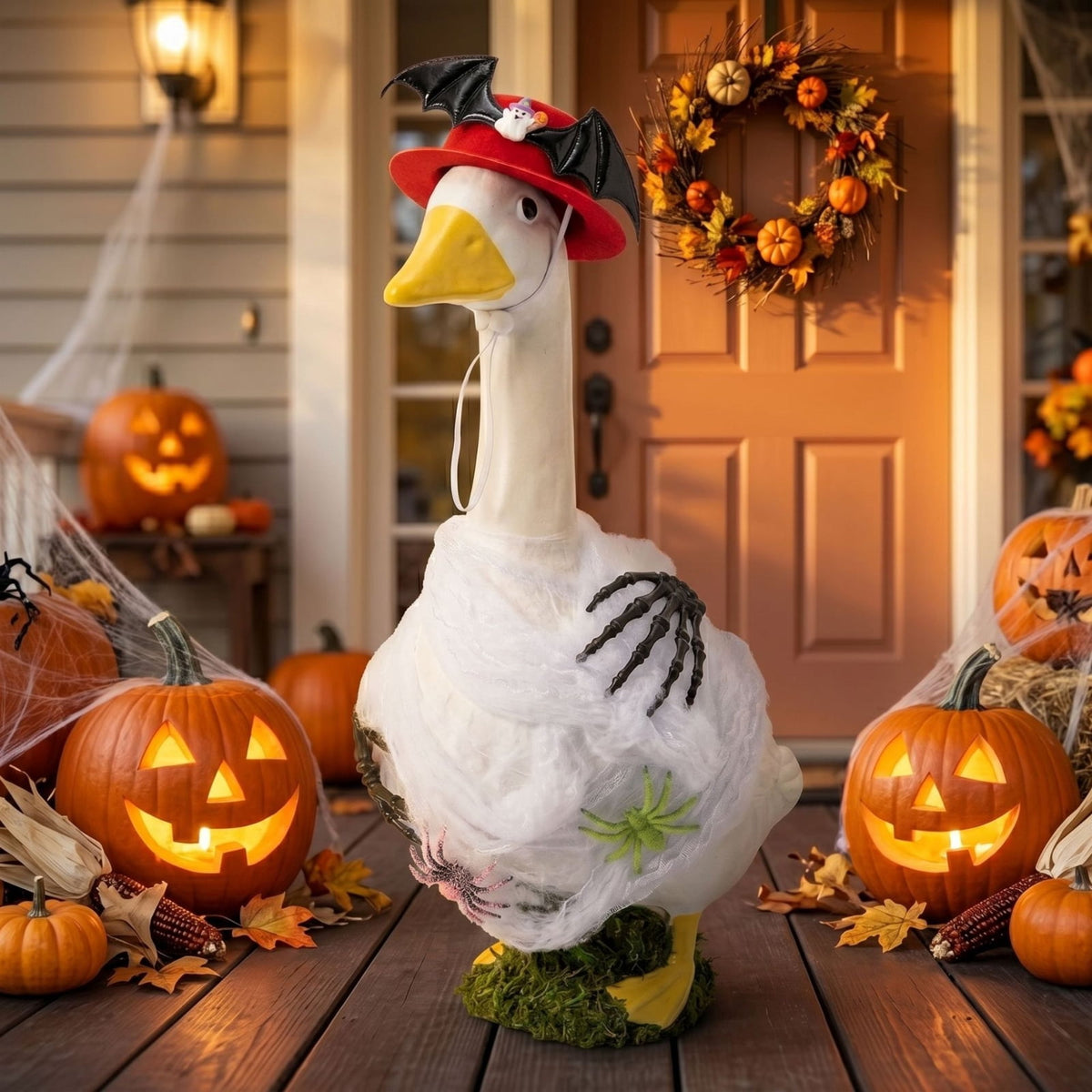 Bat Witch Hat Spiderweb Halloween Goose Clothes Fit 17/23In Cement Plastic Lawn Goose, Stylish Full Set for Outdoor Yard Patio Garden Seasonal Halloween Home Ornamental Arrangement