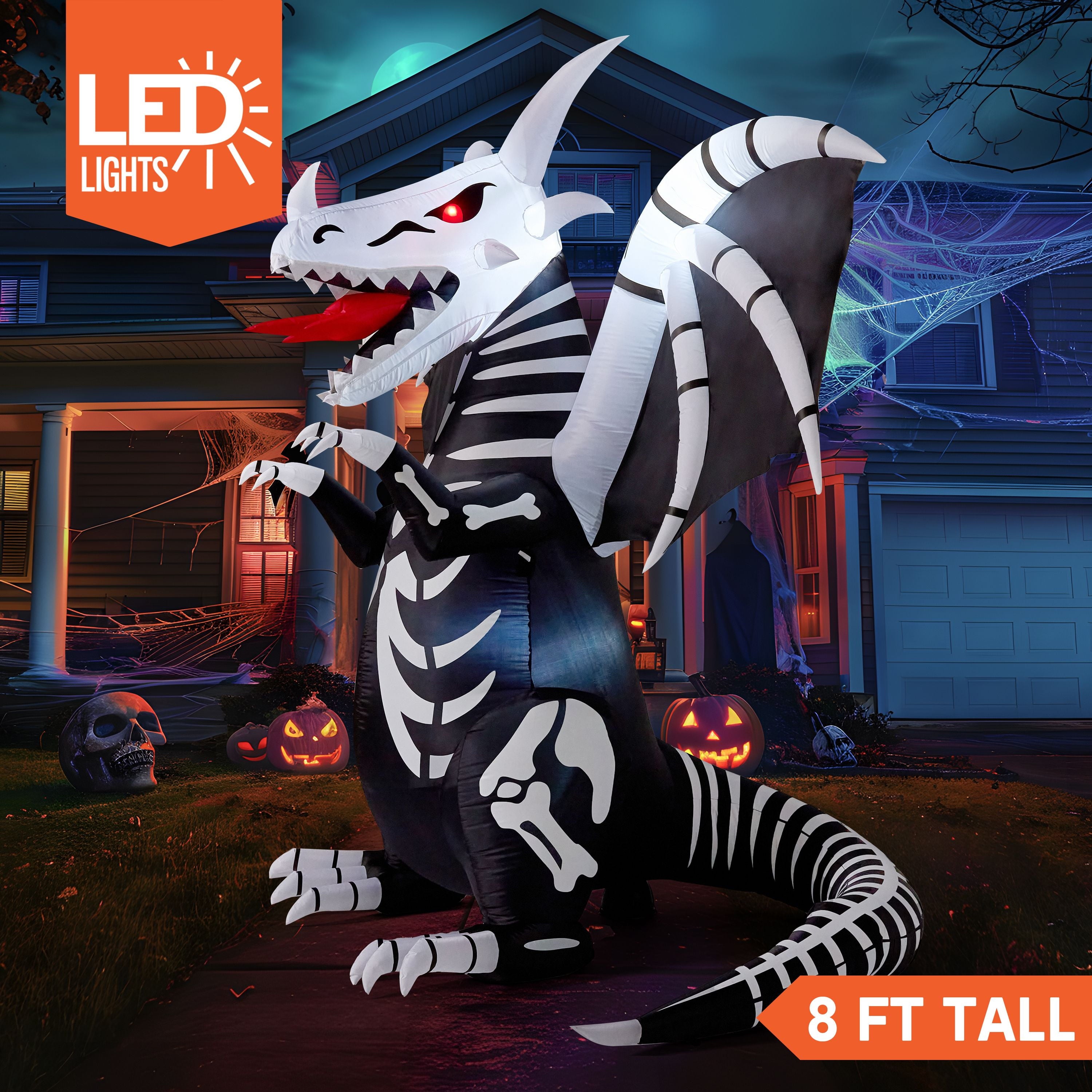 Joyfy 8 FT Halloween Inflatable Skeleton Dinosaur with Build-in LEDs Pumpkin Decorations,Halloween Outdoor Decorations Blow up Yard Decorations