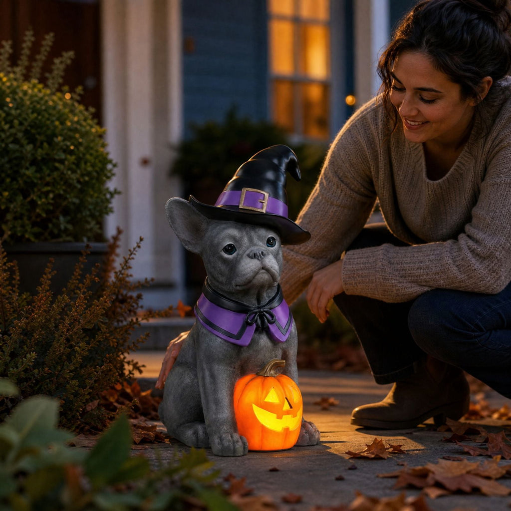 Halloween Dog Greeter - Frenchie 7.9in Resin Witch Dog with Light-Up Pumpkin, Spooky Fall Decor, Indoor Outdoor Tabletop Decoration