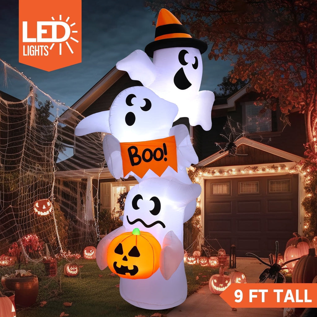 Joyfy 5ft Halloween Inflatables Light up Cute Ghost,Blow Up Ghost Lift Pumpkin Candy Bag with Build-in LEDs for Yard Decorations