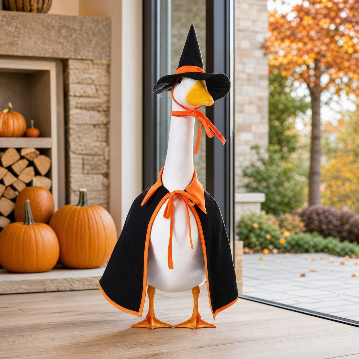 Thanksgiving Harvest Outfit for 23" Porch Goose, Goose Fall Theme Dress in White&Orange with Headwear Fall Harvest Decor for 23" Goose Outdoor Patio Yard Lawn Decoration