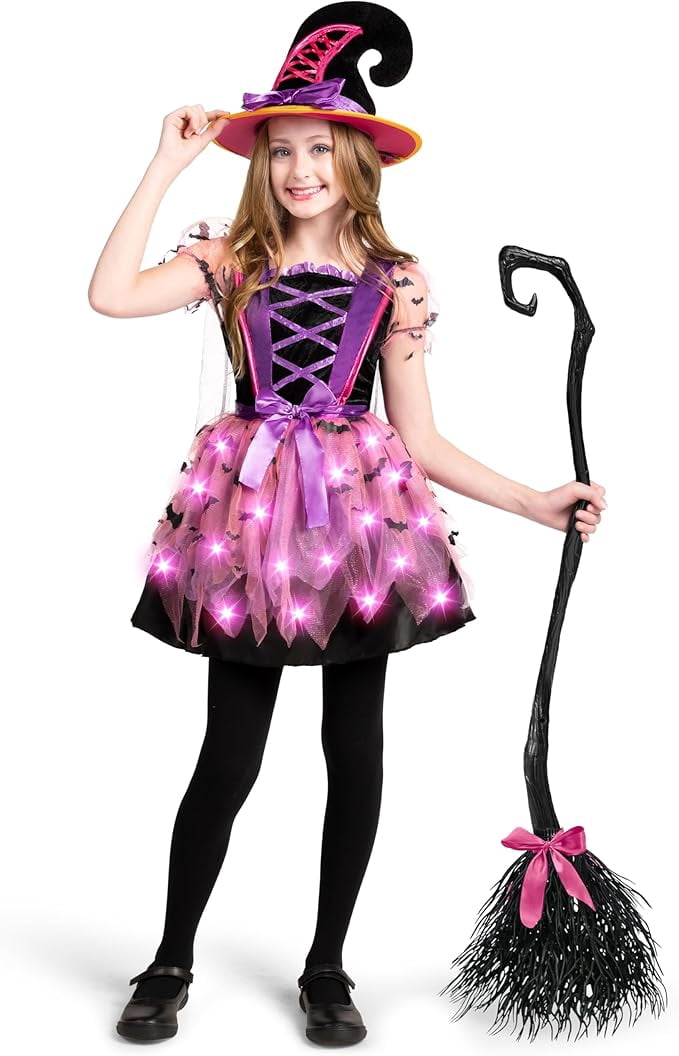 Joyfy Kids Witch Costume, Girls Light Up Witch Costume with Hat and Broom Outfits Set for Toddler Halloween Dress up Cosplay