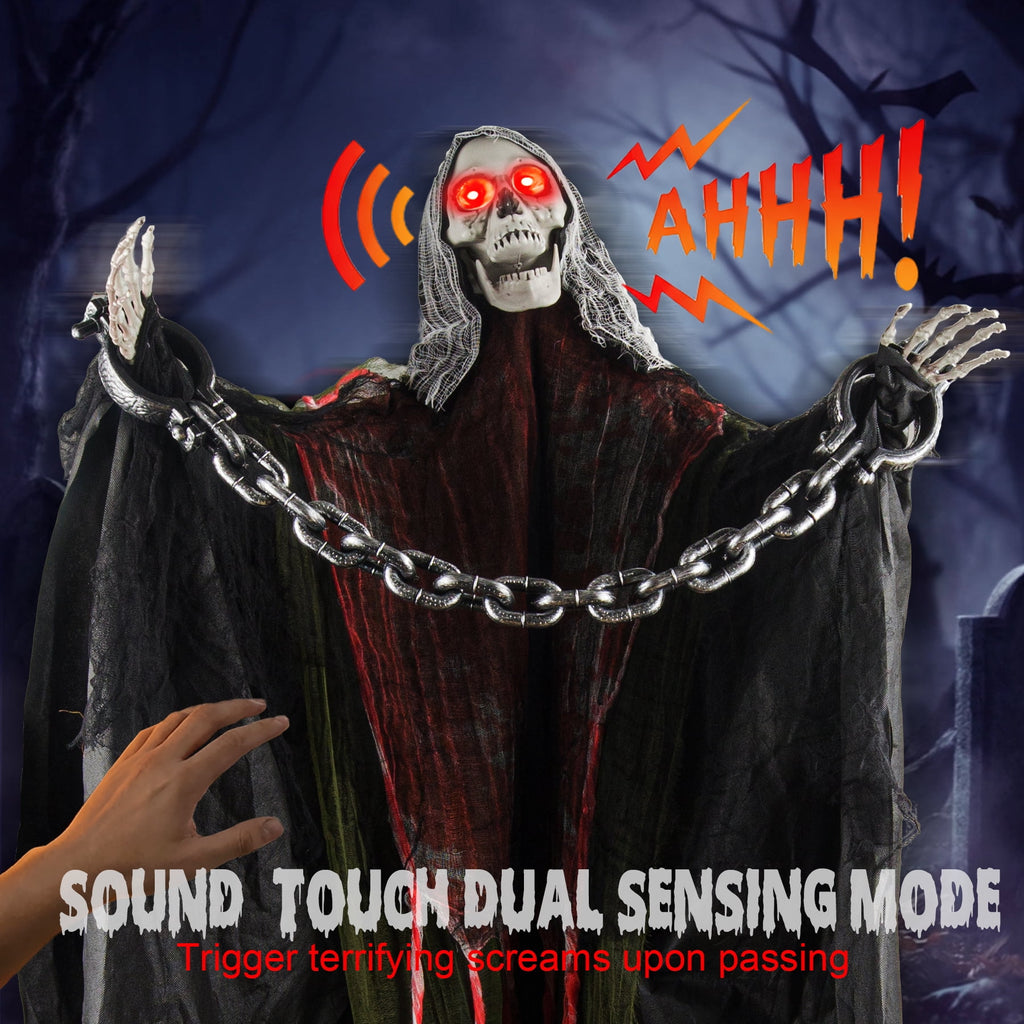 Magotan 6ft Halloween Outdoor Skeleton Ghost Decorations, Sound Controlled Swinging Scary Skeleton Ghost Halloween Decoration for Outdoor Garden Porch Yard Decor,Red