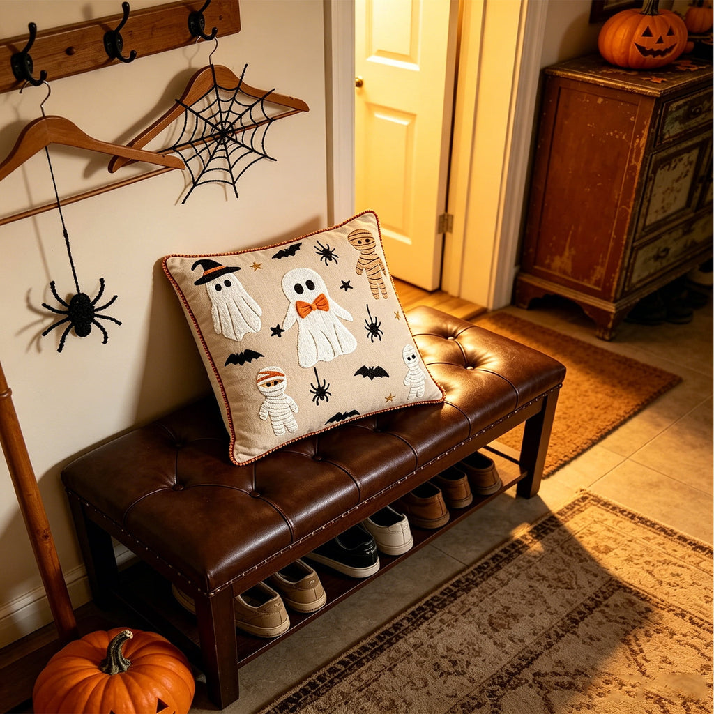 Yeciiwht Halloween Throw Pillow Cover – 18*18inch Embroidered Linen Cushion Case with Ghost, Mummy & Bat Designs, Invisible Zipper, Machine Washable
