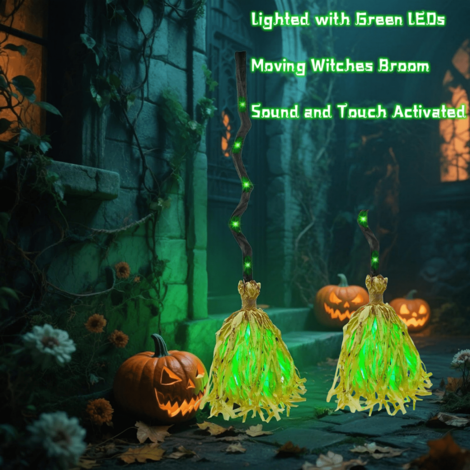 35" Animated Halloween Witch Broom - Light up Dancing Grean Broomstick with Sounds | Halloween Decor for Indoor & Outdoor Porch 1PC