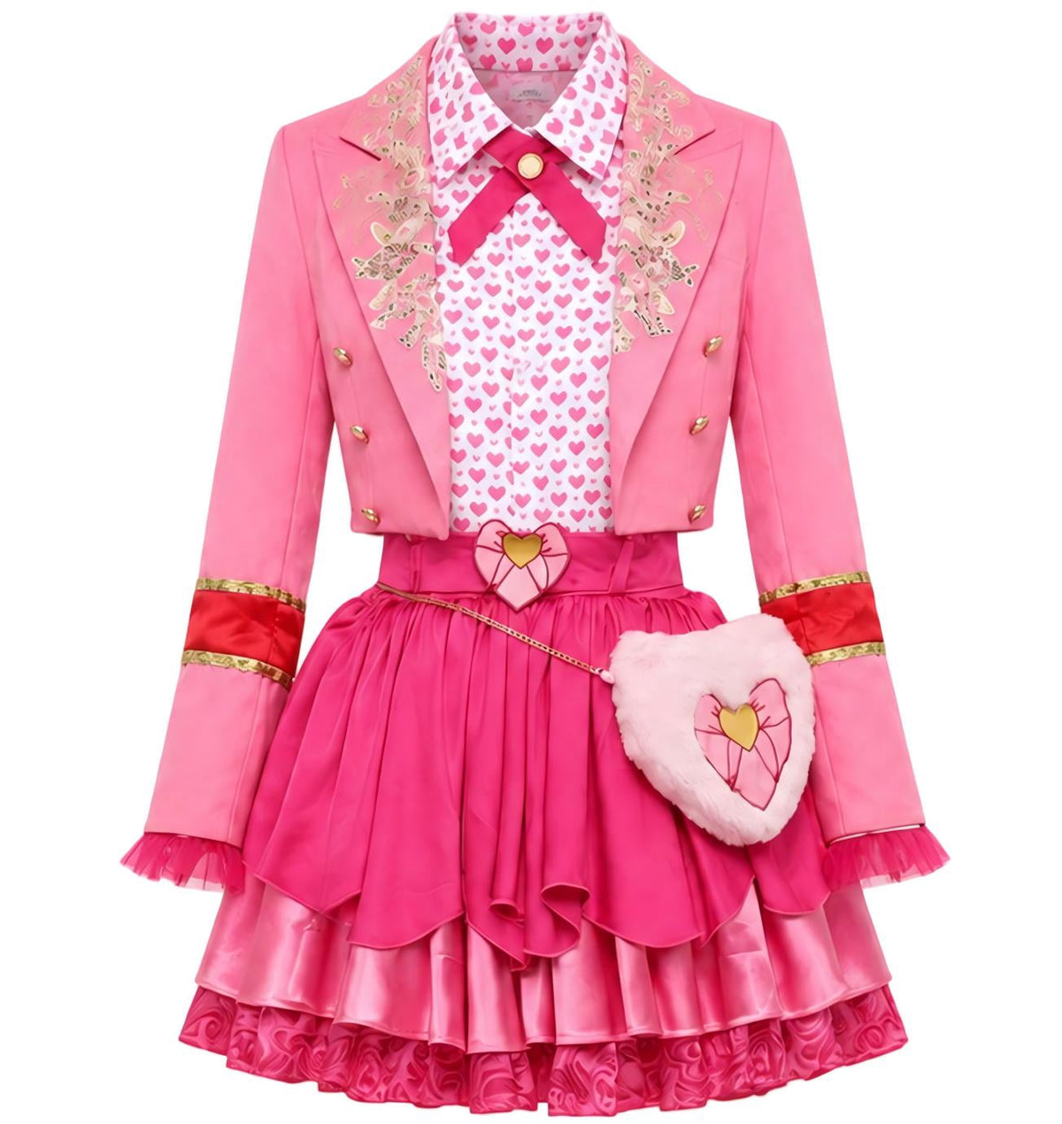 Guvpev G'irls Halloween Princess Costume, Pink Princess Dress Full Set with Heart Print Jacket, Shirt, Layered Skirt & Fuzzy Bag, Halloween Cosplay Outfits for Birthday Party & Fancy Dress Up
