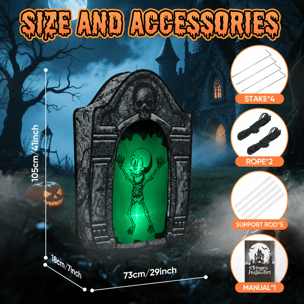 Wondiair 41" Halloween Skull Tombstone with Glowing LED Eyes, Foldable Outdoor Graveyard Decoration for Yard, Lawn, Cemetery & Haunted House