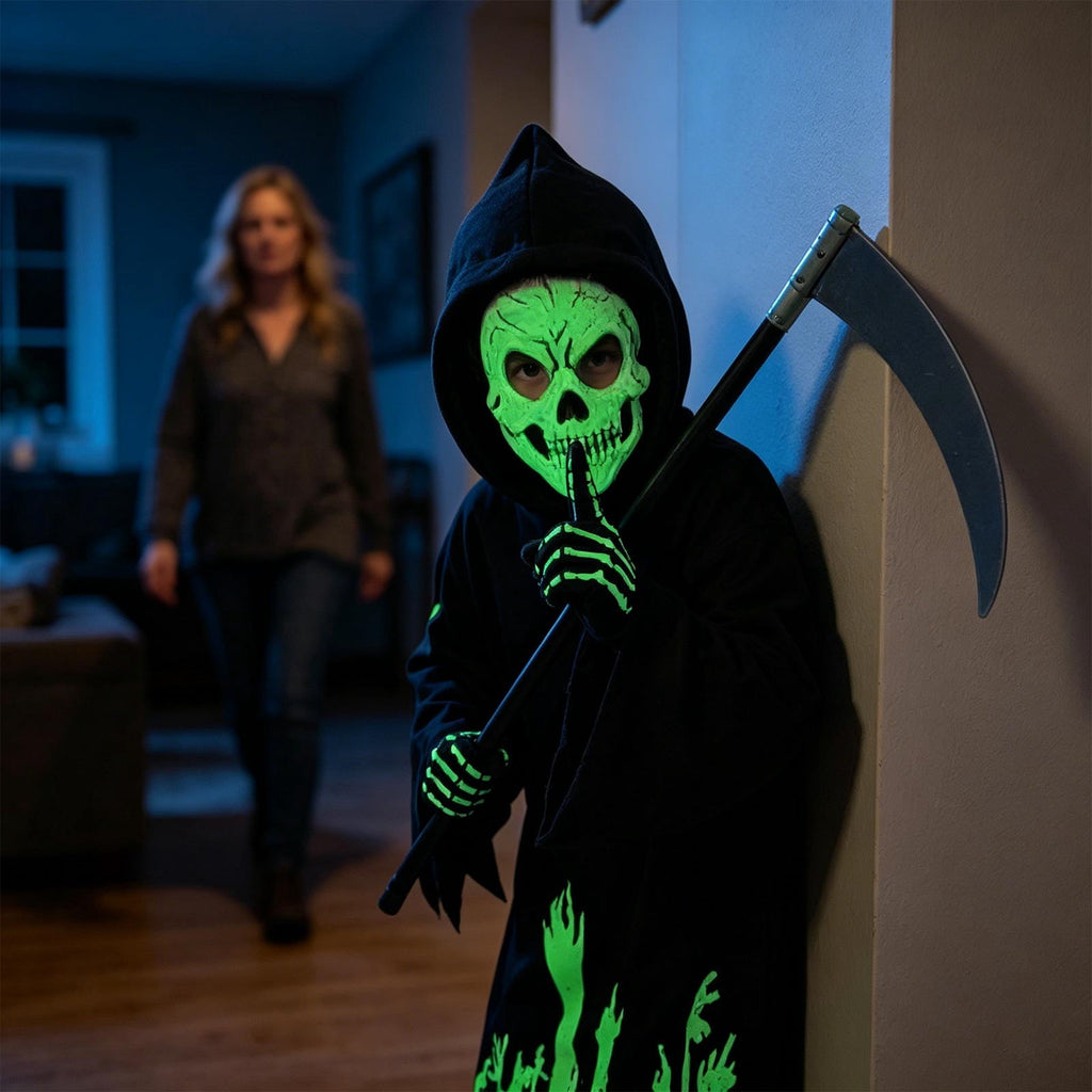 Spooky Skeleton Costume for Kids, Glow in The Dark Halloween Bone Outfit for Boys and Girls, Creepy Role Play Cosplay Dress for 4-8 Years Old