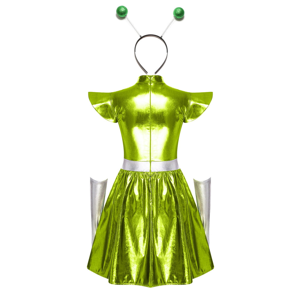 Aislor Womens Outer Space Alien Dress with Gloves Headband Halloween Space Cadet Rave Outfit Blue 3XL