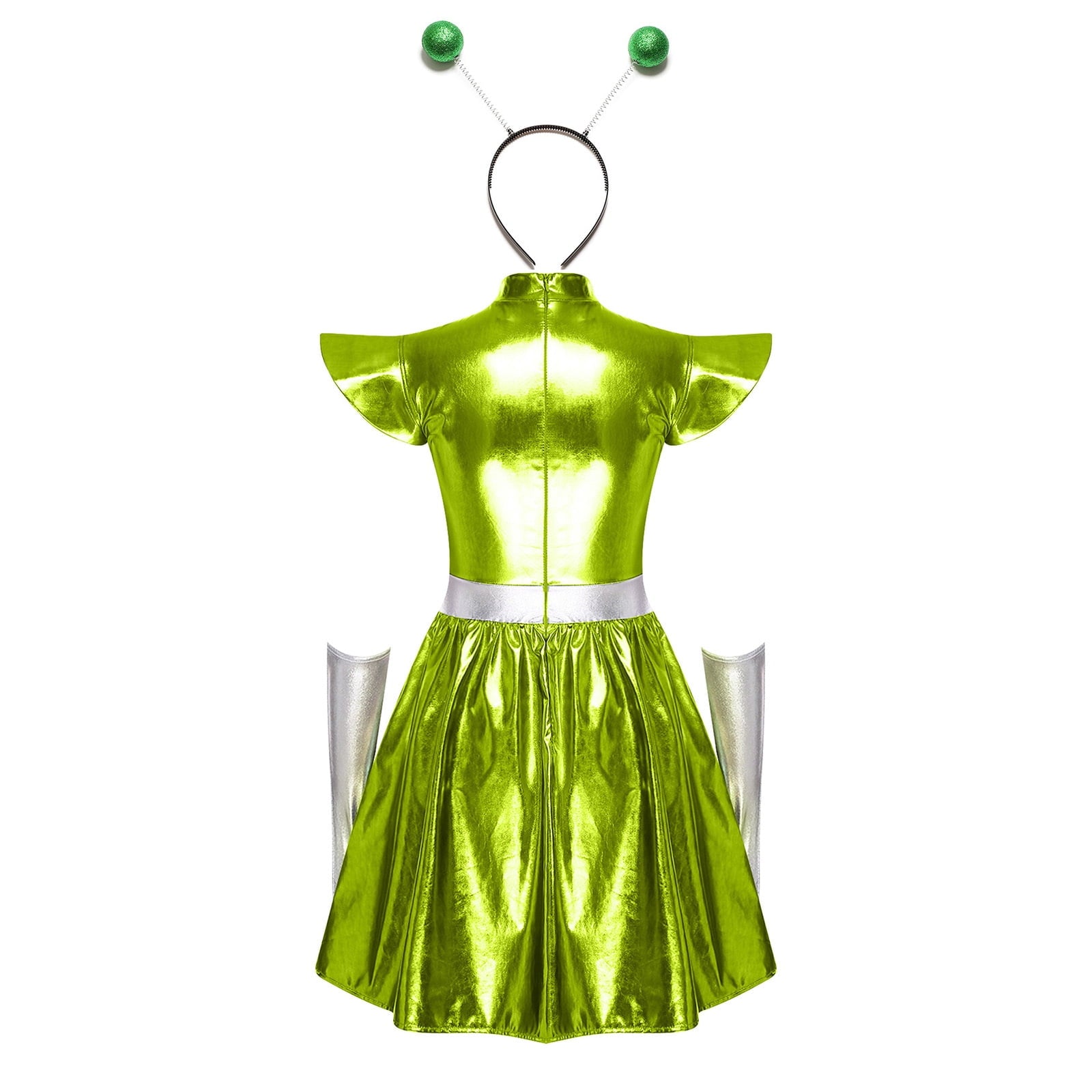 Aislor Womens Outer Space Alien Dress with Gloves Headband Halloween Space Cadet Rave Outfit Blue 3XL
