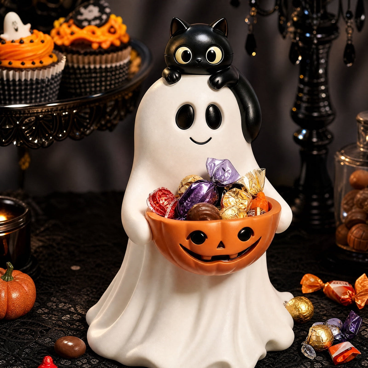 13.7" Halloween Ghost Figurine with Pumpkin Candy Bowl, Indoor Outdoor Safe Ghost Statue for Porch Yard Garden Decoration, Freestanding Halloween Porch Decor
