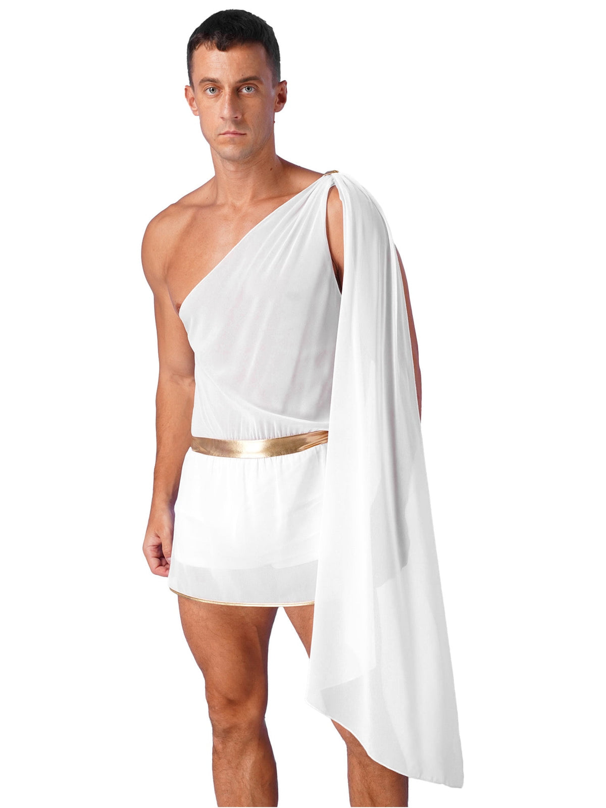 iiniim Adult Mens Halloween Cosplay Short Toga Ancient Roman Greek God Costume Jumpsuit with Slit Skirt A White S