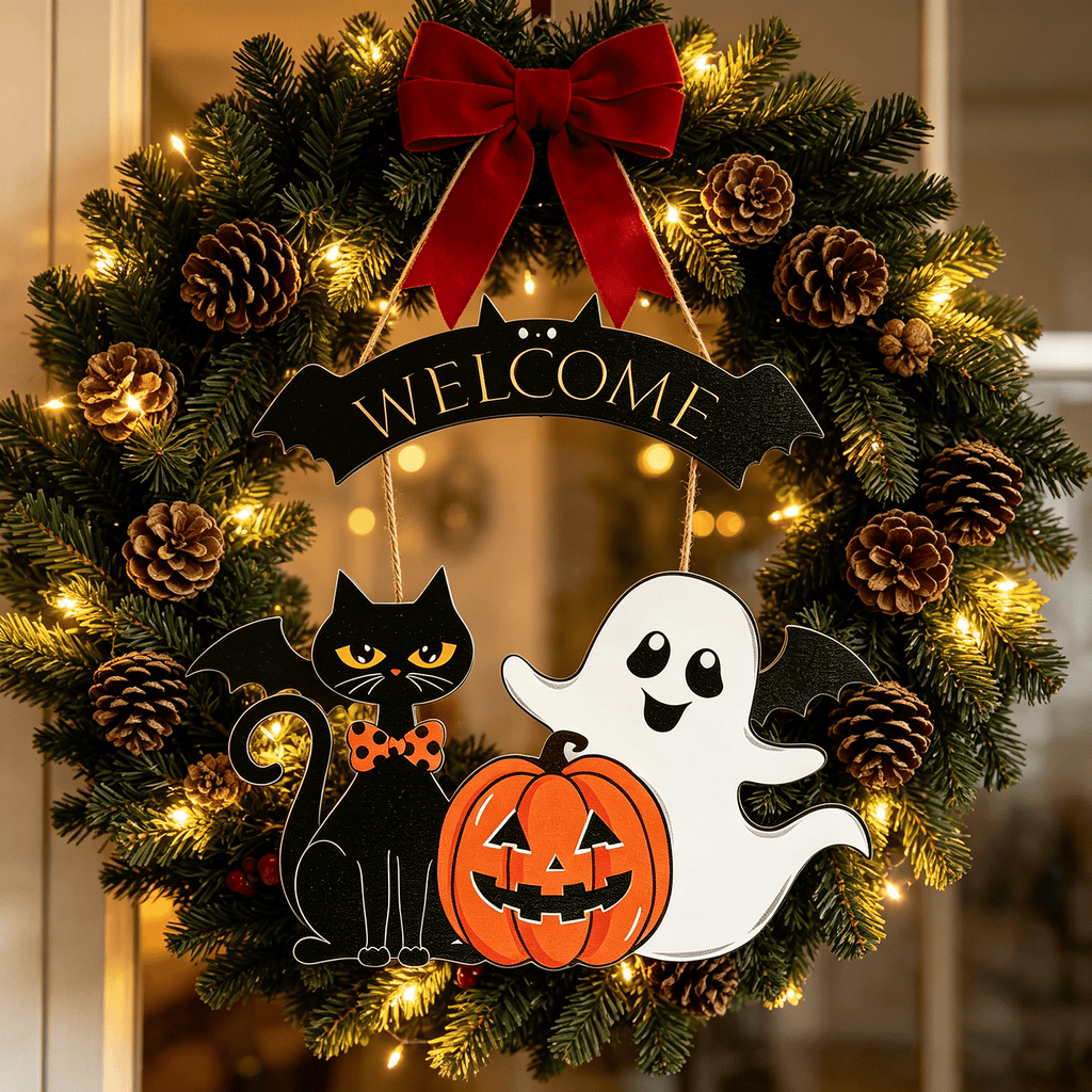 Halloween Decoration Wooden Ghost Door Halloween Wreath for Front Door Sign Hanging Indoor Outdoor Spooky Wreath for Home Wall Porch Party Decor