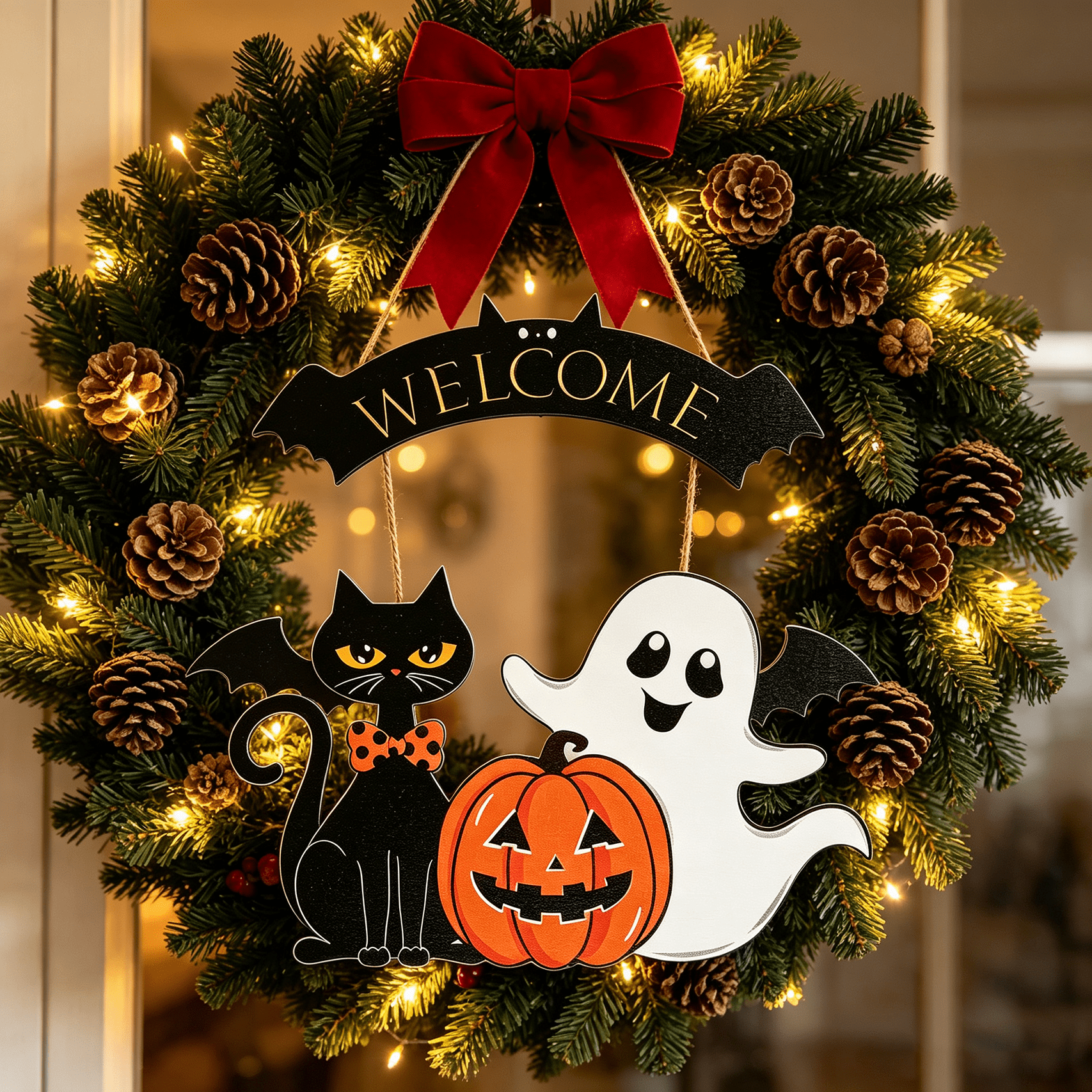 Halloween Decoration Wooden Ghost Door Halloween Wreath for Front Door Sign Hanging Indoor Outdoor Spooky Wreath for Home Wall Porch Party Decor