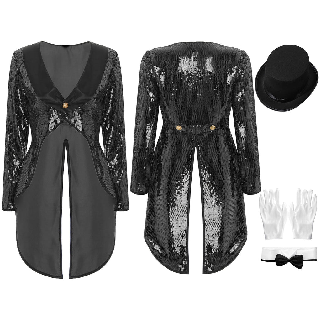 iiniim Women Magician Cosplay Sequin Tailcoat Circus Showman One-Button Tuxedo Jacket Outfits Red M