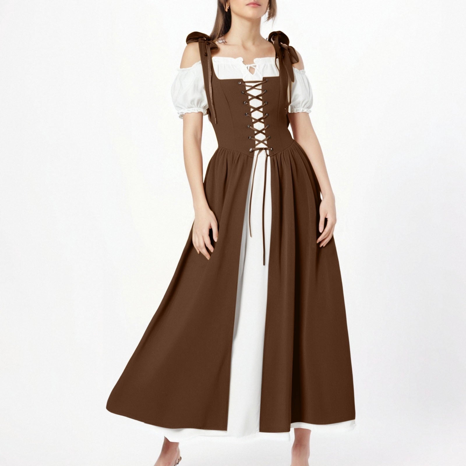 QATAINLAV Renaissance Costume Women Vintage Medieval Dress Cold Shoulder Short Sleeve Peasant Pirate Irish Maxi Dresses, Black, L
