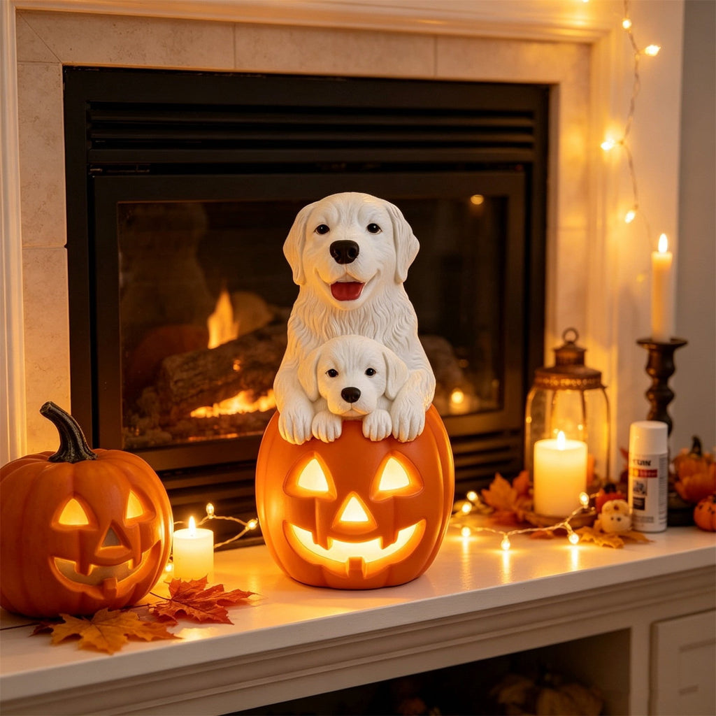 Halloween Dog Greeter - Frenchie 7.9in Resin Witch Dog with Light-Up Pumpkin, Spooky Fall Decor, Indoor Outdoor Tabletop Decoration