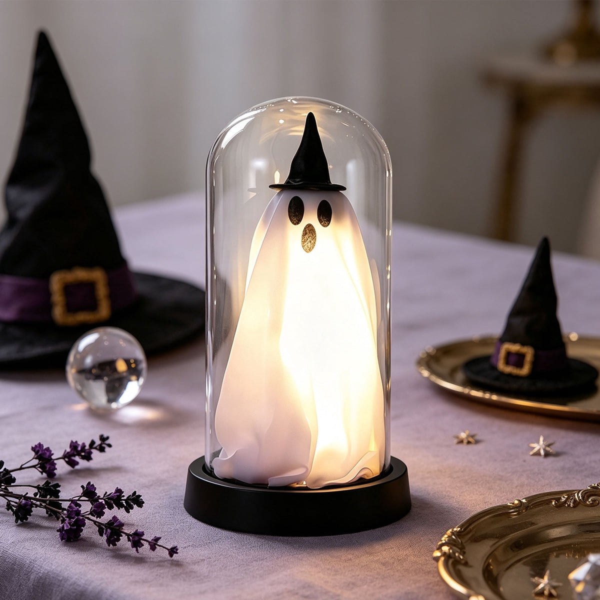 Darzheoy Halloween Decoration Ghost Cloche Lamp, with 3 Mini Figurines, Halloween Ghost Spooky, White Warm Glow, 1 Count