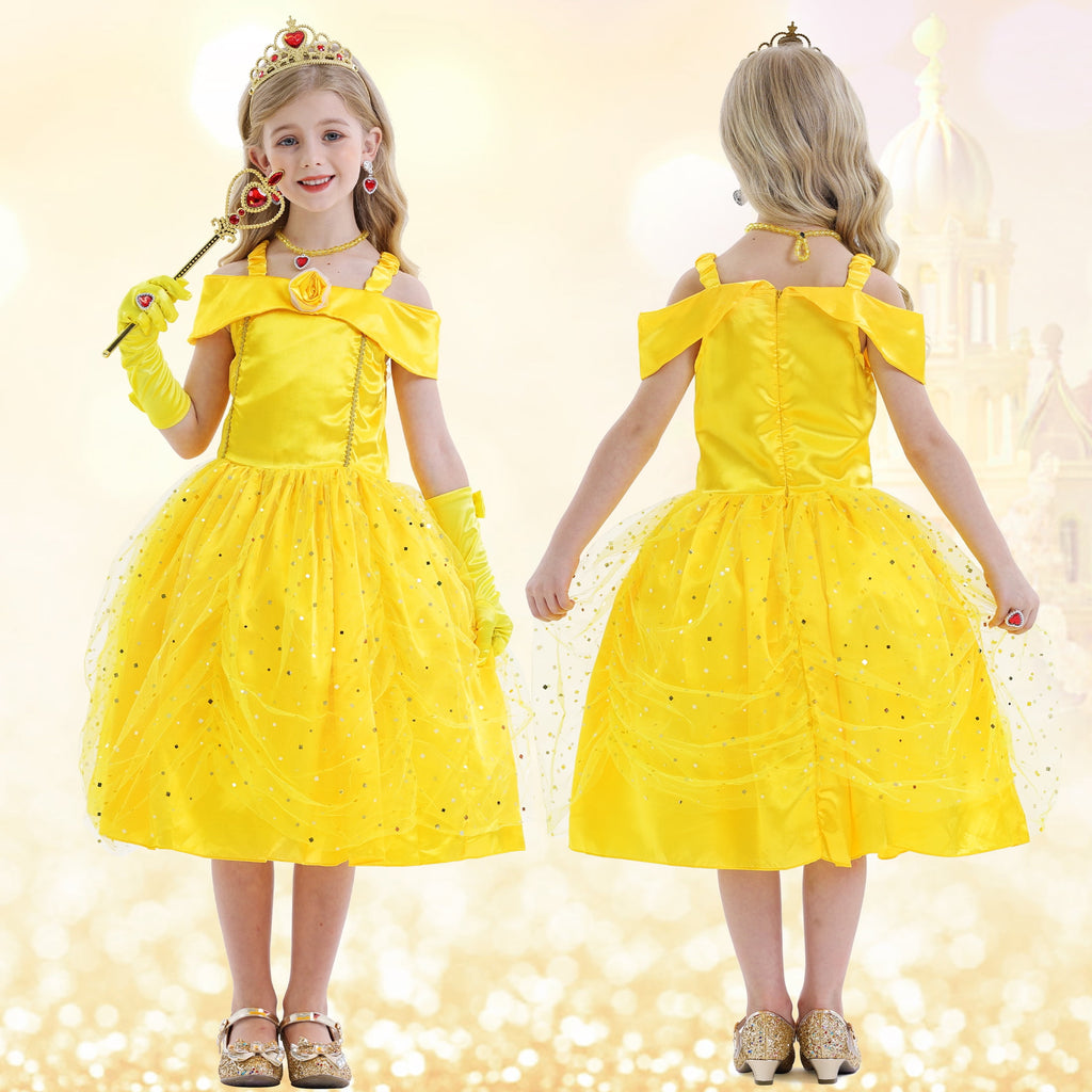 Jurebecia Princess Dress for Girls Costume Kids Off Shoulder Layered Toddler Halloween Cosplay Birthday Party Outfit up Yellow 120 cm 5-6 Years