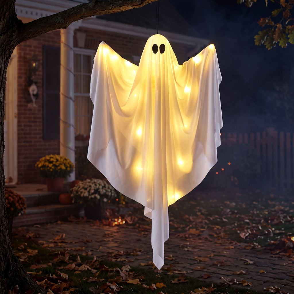Joyfy 47inch Halloween Decorations Outdoor Hanging Ghost,Light up White Ghosts with Spooky Warm White LED Light,Halloween Outdoor Yard Porch Decorations,Haunted House Decorations