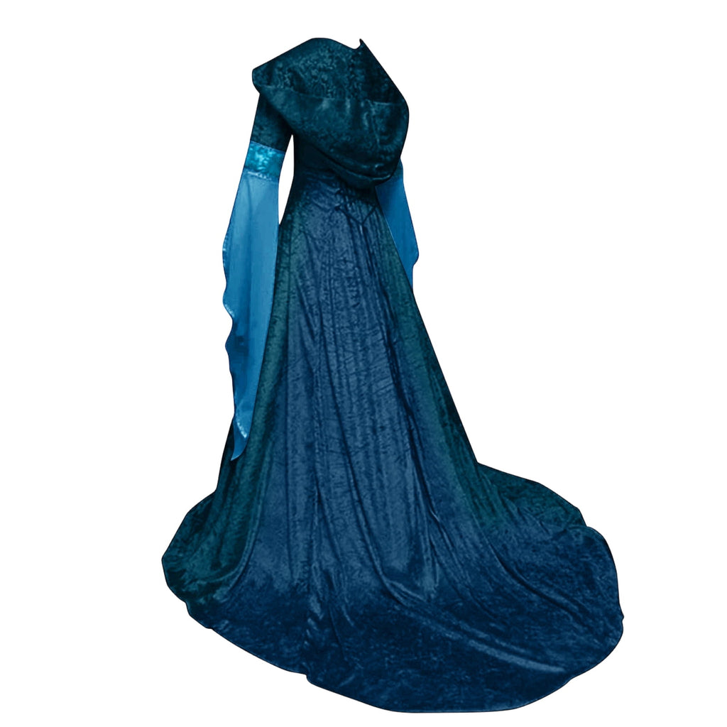 Women Gothic Cold Shoulder Midi Dress, Sheer Flare Bell Sleeve Front Corset Irregular Witch Costume Dress, Adult Halloween Dark Aesthetic Vintage Formal Evening Cosplay Party Outfit(Navy-2/M)