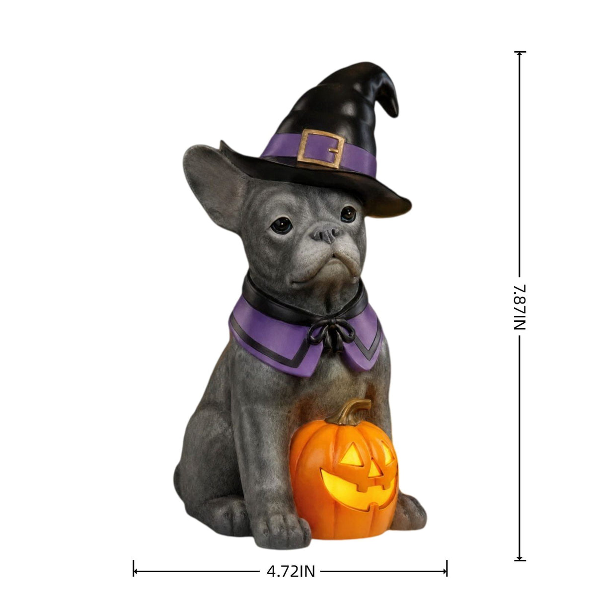 Halloween Dog Greeter - Frenchie 7.9in Resin Witch Dog with Light-Up Pumpkin, Spooky Fall Decor, Indoor Outdoor Tabletop Decoration