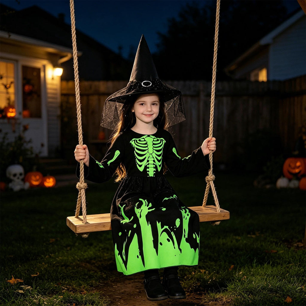 Spooky Skeleton Costume for Kids, Glow in The Dark Halloween Bone Outfit for Boys and Girls, Creepy Role Play Cosplay Dress for 4-8 Years Old