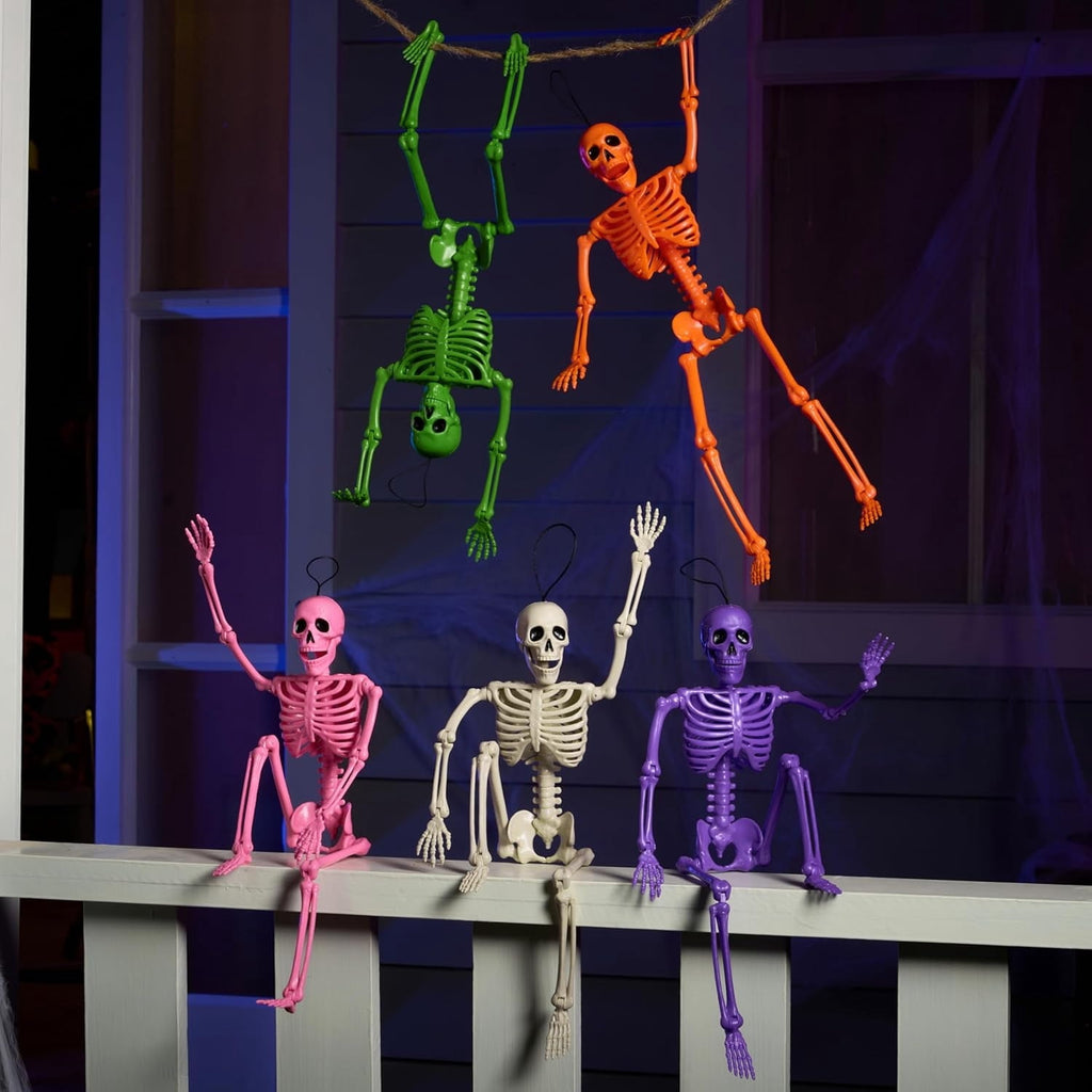 Joyfy 5 Pcs Halloween Skeleton Decorations,16 inch Full Body Poseable Skeleton with Movable Joints for Halloween Indoor Outdoor Party,Graveyard,Haunted House Accessories,White