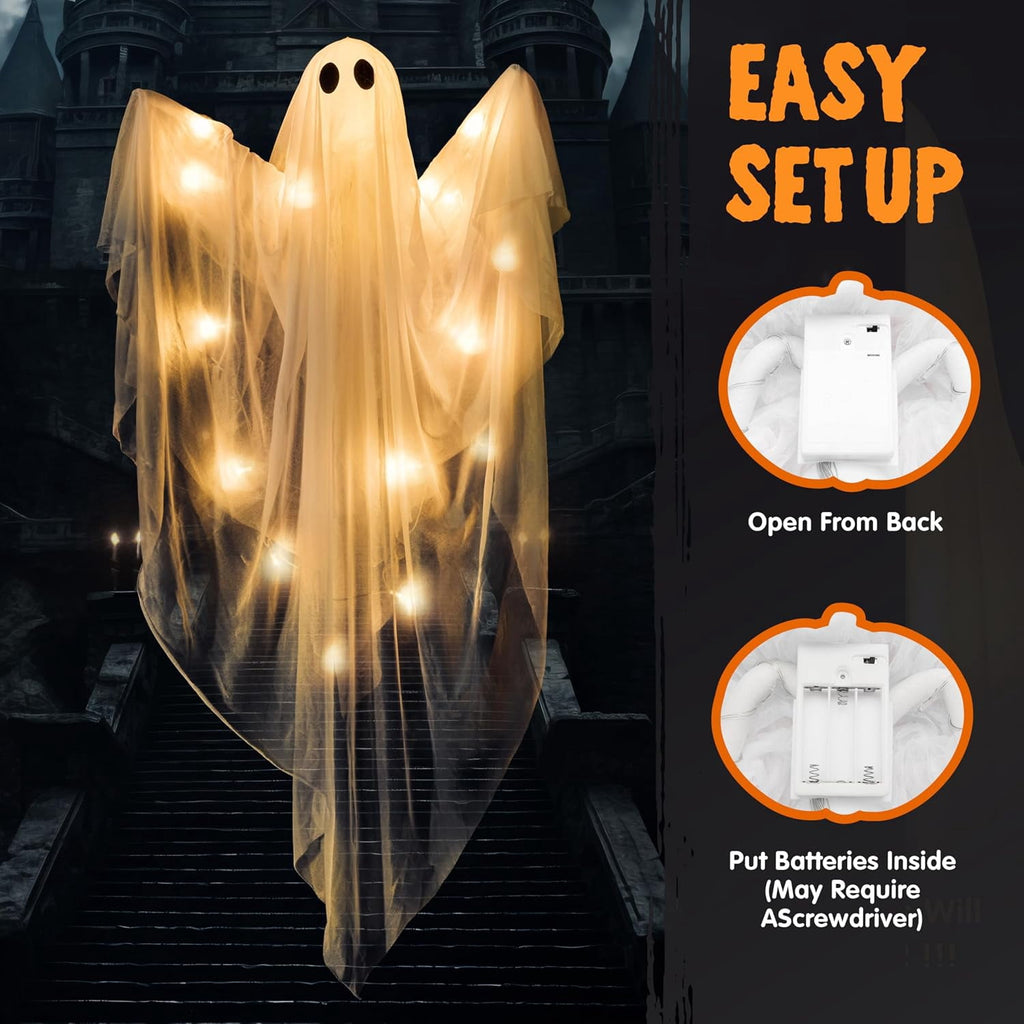 Joyfy 47" Halloween Hanging Light up Ghost Decorations Outdoor,White Ghosts with Blue LED Light and Timer Halloween Hanging Decoration Waterproof for Front Yard Patio Lawn