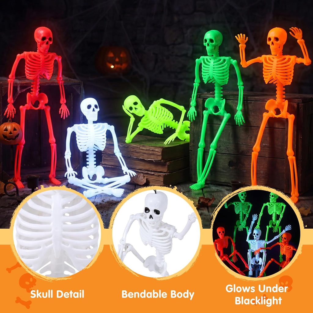 Joyfy 5 Pcs Halloween Skeleton Decorations,16 inch Full Body Poseable Skeleton with Movable Joints for Halloween Indoor Outdoor Party,Graveyard,Haunted House Accessories,White