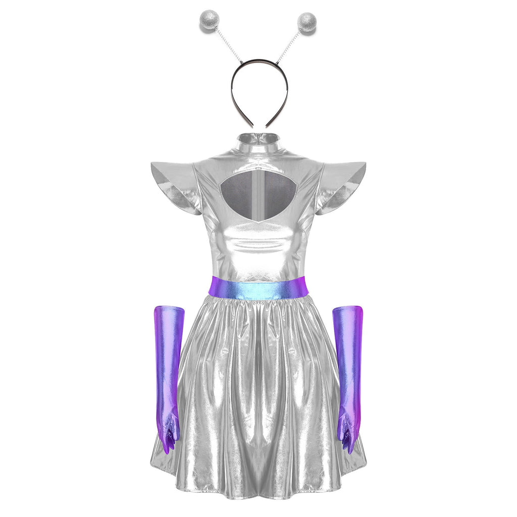Aislor Womens Outer Space Alien Dress with Gloves Headband Halloween Space Cadet Rave Outfit Blue 3XL