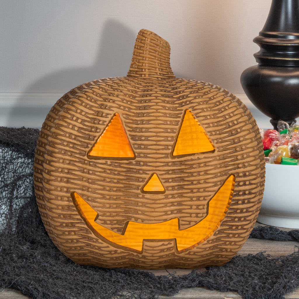 Light-Up Woven Jack-o'-Lantern Decoration, Tan, 8.6", Halloween by Way To Celebrate