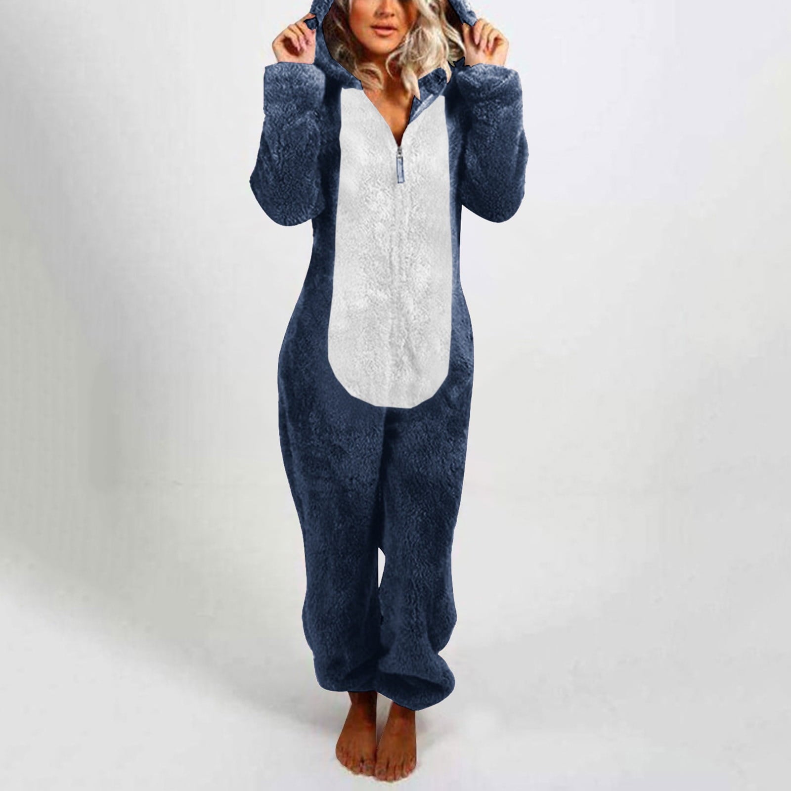 QATAINLAV Sherpa Fleece Jumpsuit for Women Winter Warm Fuzzy Onesie Pajamas Cute Cat Hooded Romper Casual Zip Up Overalls Sleepwear Black XL