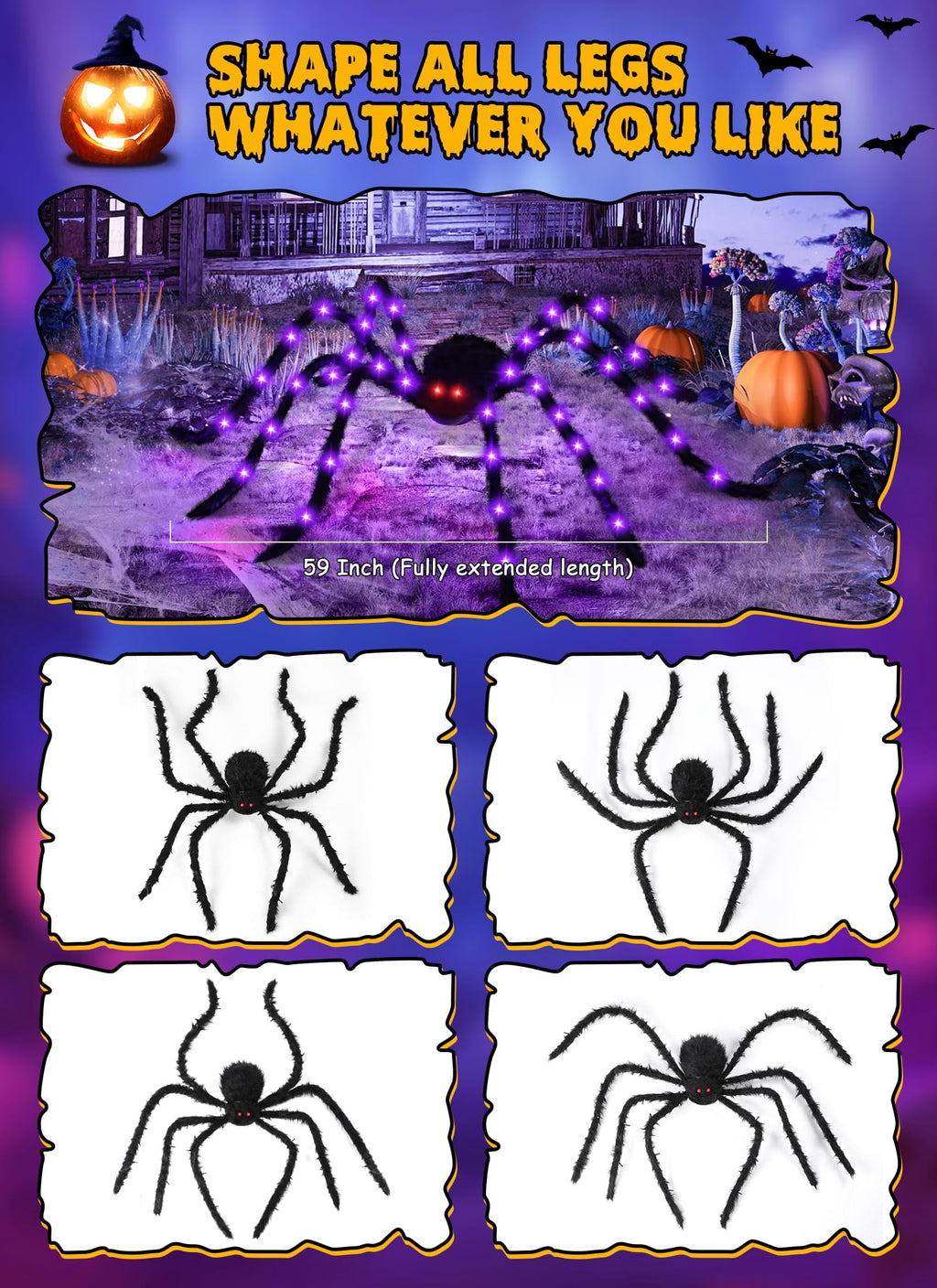 Halloween Decorations Outdoor Spider Webs: 1Pcs Giant Spiders - 200'' Triangular Web with Hook - Stretch Web and Ground Stakes for Large Halloween Decor and Haunted House Decoration