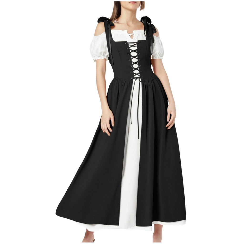 QATAINLAV Renaissance Costume Women Vintage Medieval Dress Cold Shoulder Short Sleeve Peasant Pirate Irish Maxi Dresses, Black, L