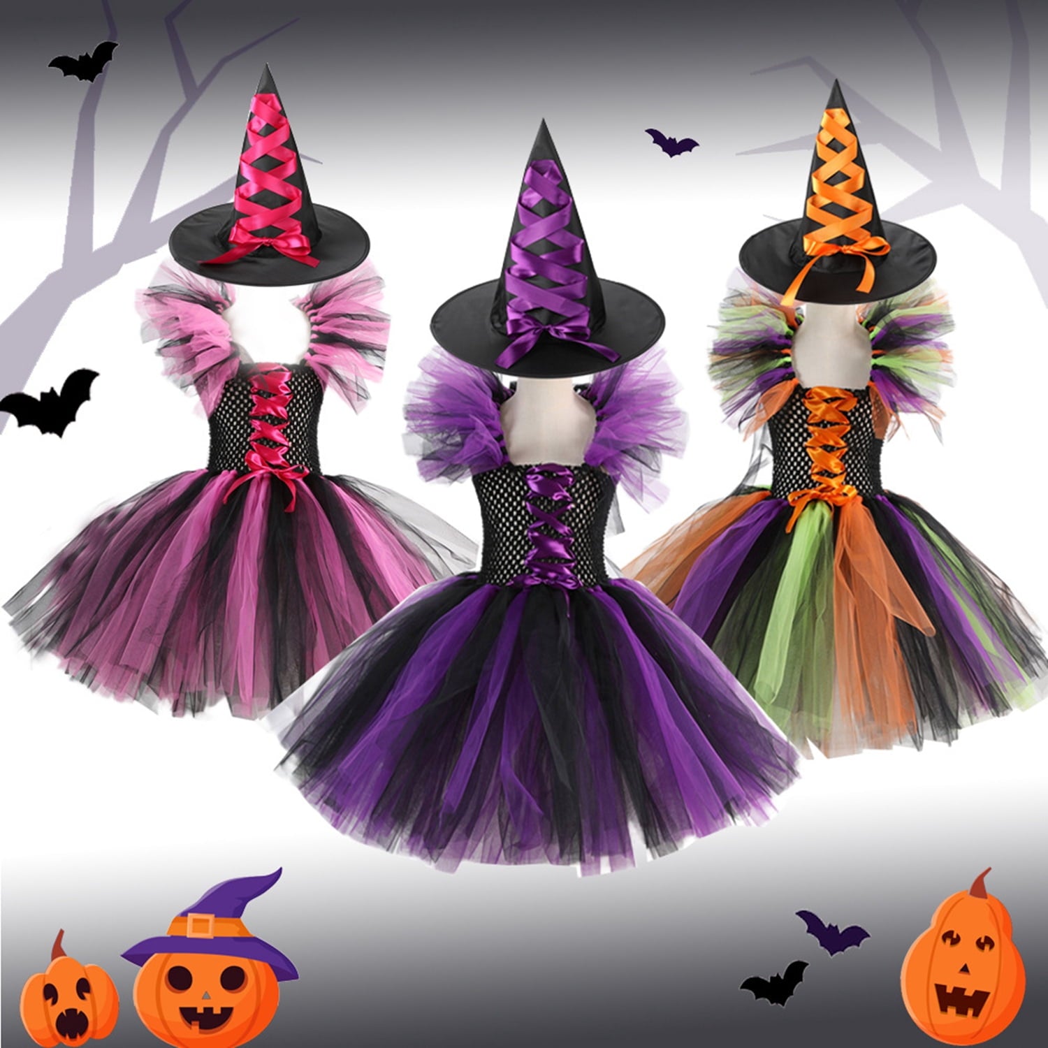 CHOYURME CHONYURM Girls Halloween Witch Costume with Witch Hat and Magic Brooms for 2-12 Years