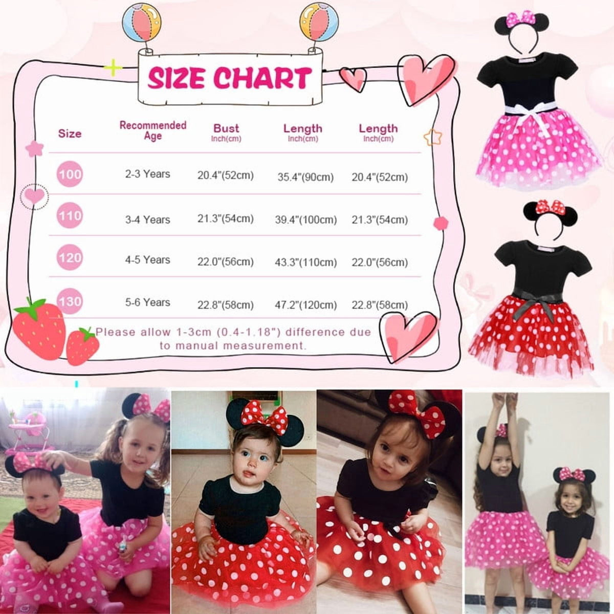 Jurebecia Girls Red Polka Dot Tutu Dress with Bow Headband, Baby Toddler Party Costume for Birthday & Cosplay (110 cm)